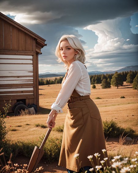 (Establishing shot:1.4), (Sn0frid_v1, white hair:1.3),  medium bosom, (style of Dorothea Lange) rugged frontier homestead woman, 1800s Montana, linen blouse, long skirt, apron, practical sturdy boots, earthy tones, natural fibers, rustic charm, sepia-toned aesthetic, arid golden prairie, wooden cabin, wildflowers, cracked soil, farm tools, weathered textures, sun-dappled lighting, determined expression, confident pose, wind-tousled hair, (dramatic clouds:1.2), vast open landscape, vintage authenticity, pioneering spirit ,
