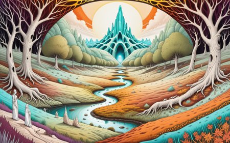 Dog style, <lora:Projext_X2:0.9>acid-art, trippy, color line art, (landscape art stylized by Elsie Driggs:0.7) , grand RAW photo, Melainotype Print, Advertising Portrait of a landscape of a (Ethereal Hollow of the Celestial Veil:1.1) , Lifeless, Cinematic, Sony A9 II, Selective focus, otherworldly, very coherent, complimentary colors, magical, magical composition, fine polished, highly decorated