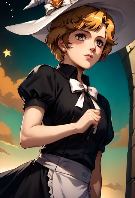 score_9, score_8_up, score_7_up, source_anime,
Frederica
hair ribbon, (best quality) , (highly detailed) ,masterpiece ,absurdres ,detailed face ,beautiful face ,(detailed eyes, deep eyes, anime eyes), 
witch hat, white ribbon, black skirt, black shirt, short sleeves, waist apron, [star \(symbol\)], cowboy shot, from behind