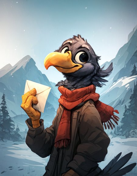 <lora:Jacato_-_Art_Style:1> Jacato <lora:Jacato_Style_Pony:0.8>
Puffin wearing a red scarf holding a letter, snowy mountains in background, black and white feathers, orange beak,, score_9, score_8_up, score_7_up, score_6_up, score_5_up,