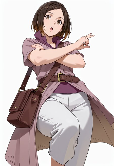 Smooth Quality,masterpiece,very intricate, high quality details, ultra realistic, high detailed skin,detailed enviorement,absurdres,
simple background, white background,solo,
dynamic pose, arms crossed, one leg bent, confident stance, slight head tilt, relaxed hands,  ,from below,open mouth,
 <lora:Kirara_Mizutani_cnn:0.8> 1girl, short hair, brown hair, multicolored hair, two-tone hair, brown eyes, at viewer, upper body,shirt, short sleeves, collared shirt, coat, pants, purple shirt,brown belt, shoulder bag,