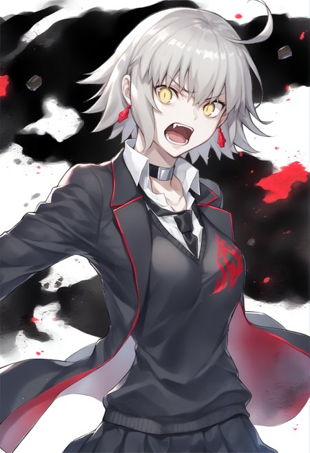 fate/grand order, fate (series), jeanne d'arc alter (avenger) (fate), jeanne d'arc alter (fate), miya 28o, 1girl, ahoge, black choker, black jacket, black skirt, black sweater vest, choker, collared shirt, delinquent, earrings, fangs, grey hair, jacket, jewelry, looking at viewer, necktie, open mouth, school uniform, shirt, short hair, skirt, solo, stud earrings, sweater vest, yellow eyes  <lora:Yasuda Suzuhito STYLE:1>, score_9, score_8_up, score_7_up, score_6_up, score_5_up, score_4_up, BREAK source_anime, masterpiece