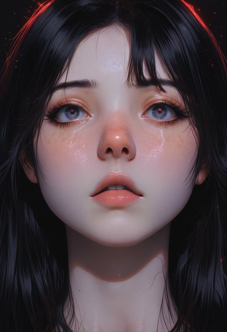 ((realistic)), (masterpiece, best quality, amazing quality),mcht2, very awa, ultra detailed, highly detailed, (detailed face, detailed eyes), absurdres, (volumetric lighting, HDR), simple black background, portrait, 1 girl, russian, nude, black hair, stray hairs, she is looking at something horrible and her soul is gone,