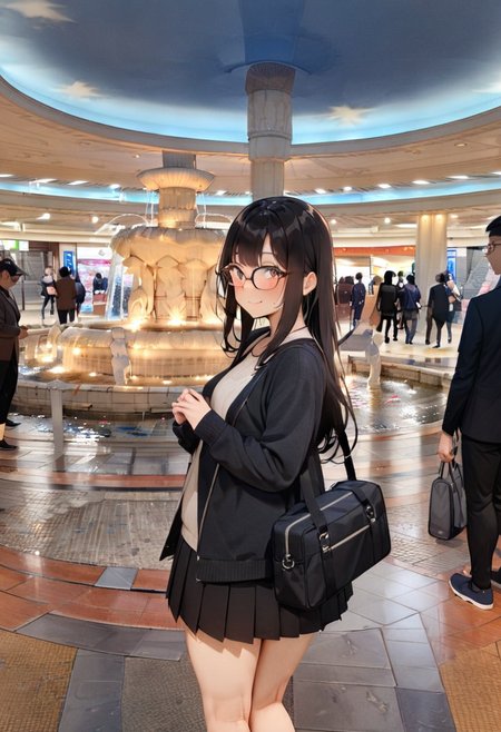 masterpiece, best quality, very aesthetic, absurdres,
1girl, solo, glasses, black hair, long hair, jacket, skirt, black bag, smile, looking at viewer, solo focus,
izuminohiroba, scenery, water, sky, multiple boys, fountain, real world location, ceiling, tile floor
 <lora:izuminohiroba_SDXL_V1:1>