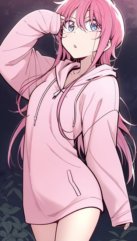 <lora:yushanshan:1>,yushanshan,1girl,long hair,pink hair,hair between eyes,blue eyes,pink hoodie, sleeves past wrists, long sleeves,, masterpiece,best quality,amazing quality,anime screenshot,