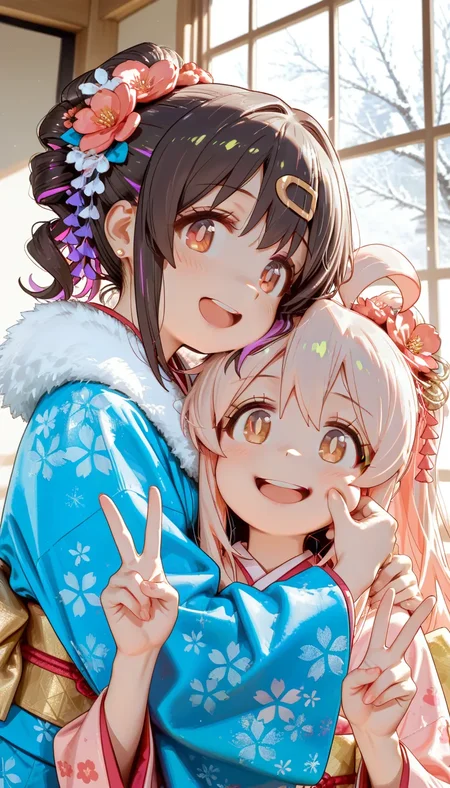 (masterpiece, best quality), best score, best anatomy, ultra deitailed, amazing quality, very aesthetic, absurdres, highres, 2024, newest, HDR, 8K, high detail RAW color art, high contrast, large pupil, eyelashes, shiny skin, detailed background, 
oyama mihari, brown hair, red eyes, ponytail, sidelocks, heads together, cheek pinching, happy new year 2025, oyama mahiro, brown eyes, long hair, french braid, looking at view, kimono, plum blossoms pattern, blue pattern, fur trim, indoors, v, looking at viewer, round teeth, open mouth, upper body, face focus, smile, happy, winter, beautiful memorable moment, sparkle, <lora:薄塗り:0.65>, <lora:Pony People's Works_noob:0.8>, <lora:spo_sdxl_10ep_4k:0.8>, <lora:MeMaXL4:0.6>