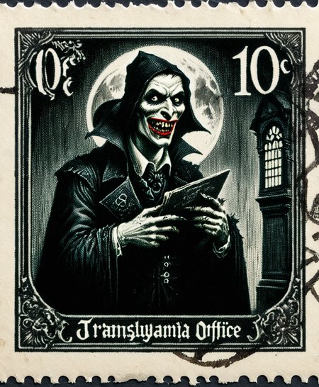 "Transylvania post office" logo, terrible vampire postman, 10c inscription, 8k, F2.8, RAW Photo, ultra detailed, <lora:Dark_Fantasy_Postage_Stamp:1>