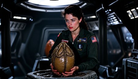 nostromo style,
over shoulder shot, woman wearing jumpsuit discovers a Xenomorph egg sits ominously at the center, its top slightly opening,
spaceship interior, hallway, dimly lit, science fiction, horror,

extremely detailed:1.2, sharp:1.2, bold outlines,

sharp focus, detailed face, clear eyes, Detailed perfect hand