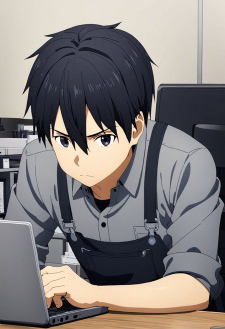high resolution, professional photography, best quality, 1Boy, Kirigaya Kazuto, Black Hair, Black Eyes, overalldetail, worker, working, office space, office desk, concentration, focus, laptop