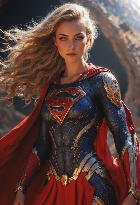 realistic, PHOTOREALISTIC, ((perfect anatomy)), (futuristic Superhero:1.3), ((sexy dynamic pose:1.3)), 25 years old, perfect quality, high quality, (sci-fi, married, dc comics :1.3), goddess, confident smile, (Supergirl, kara zor el, long intricate blonde hair, hair blowing in wind, glowing blue eyes:1.3) athletic female, ((fitness models, muscle detail, detailed muscle)), long athletic muscular legs, athletic round muscular butt, athletic hips, perfect breasts, perfect body, epic, long hair, intricate hairstyle, cute, soft skin, soft skin, textured skin ,shining glossy skin, soft abs, athletic waist, (slender body), dynamic angle, dynamic, dynamic shot, sci-fi, futuristic, ((intricate blue top, (S symbol), red skirt, red cape blowing in the wind, Circlet, red boots) showing sexy body underneath:1.2, armor parts on body:1.2, marble armor:1.2, navel piercing)) Expressiveh, (volumetric lighting:1.2), cinematic, cinematic lighting, reflections, ultra hd, visual effects, graphic effects, ambient occlusion, raytracing, soft lighting, realistic, blum effect, masterpiece, absolutely eye-catching, particles, glow, shining, (intricate cinematic background, (intricate cinematic background, flying in space, lazily glancing at the planet earth in the background, god rays)), (beautiful cute face),