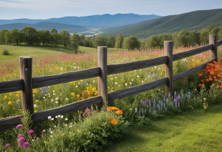 "A rustic wooden fence with a weathered finish, surrounded by colorful wildflowers, set against a backdrop of a serene countryside landscape."