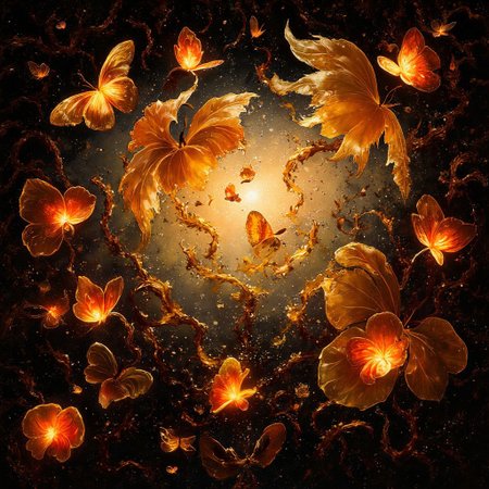 ArsMJStyle, impressionism, Ukiyo-e, A surreal and painterly composition featuring **radiant golden bleeding hearts flowers** and **luminescent, ethereal butterflies glowing with  crimson hues** against a pitch-black background. The flowers exude a vivid metallic sheen. The petals are dripping amber nectar. The butterflies pulse with an otherworldly golden-red light, and their wings are traced with intricate fiery patterns.
The atmosphere is enhanced by a dreamy **bokeh effect** that scatters soft glimmers of gold and crimson throughout the composition, creating depth and a sense of quiet wonder. The interplay of **rich golden highlights and deep black shadows** evokes an enchanting, almost mystical ambiance. Subtle embers float in the air, adding a dynamic, surreal quality to the scene.
The overall aesthetic is vivid yet balanced, emphasizing the **contrast between the glowing warmth of the flowers and harshness of the surrounding butterflies**. Rendered in **8K ultra-detail**, the textures are hyper-realistic, while the colors glow with an intense vibrancy, embodying an elegant harmony of surreal beauty and luxurious simplicity.