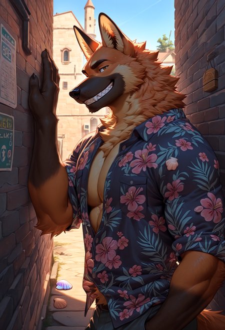 4k, score_9, score_8_up, score_7_up,  mature, male focus, male, (detailed face), (detailed eyes), sharp focus, masterpiece, best quality, amazing quality, good lighting, anthro,  male focus, furry male, sharp teeth, furry, bara, 5finger, Maned Wolf anthro, Maned Wolf smoky fur, standing in alley, shirt open, one hand on wall, teasing grin gracefully, floating sky island, iridescent seashell glow, floral shirt, l1ndong,