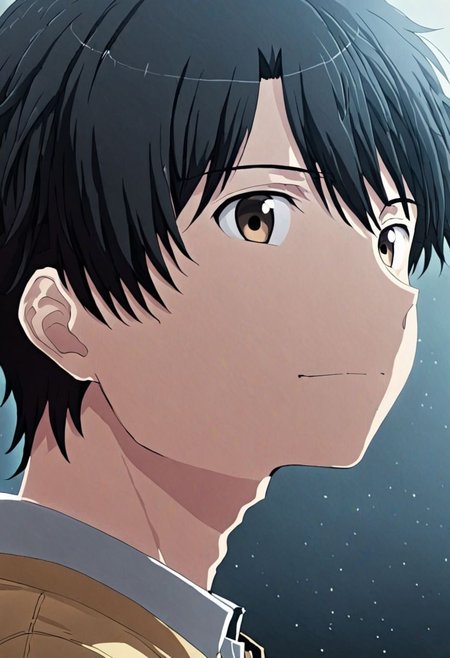 high resolution, solo, best quality, 1Boy, Inaho Kaizuka, Black Hair, portrait, looking at viewer, focused gaze forward, upper body, head upright, happiness, OverallDetail