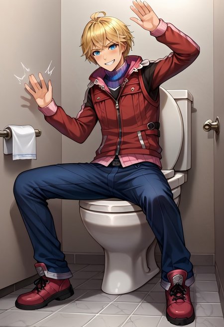 Score_9,score_8_up,score_7_up,Highly detailed, masterpiece, high quality, beautiful, high resolution, good details, solo, 1boy, young, shulk, blond hair, blue eyes, BREAK, red clothes, shulk clothes, shulk outfit, plains, fit body, manly, rating_questionable, friendly grin, expression, when being watched while pooping, waving at the viewer, full body, best aesthetic, sit, lower half exposed, outdoors, portable toilets , sit, toilet, shidder, bare ass sitting on the toilet, indicating he has a stomach ache, ,toilet, diarrhea in the toilet, (toilet use:1.6) leaning forward, pooping on the toilet, , diarrhea, high quality, masterpiece, newest, latest full body, farting while pooping, sharting while defecating on the toilet, resting elbows on knees sit pose, pants pull, pants pulled around knees, fart, farting, pooping, poot, pffttt! fart effect onomatopoeia , farting on toilet, relaxed, relief, view from side, toilet, highlighted on his bare ass sitting on the toilet, sexy sideview, <lora:sdxl_lightning_8step_lora:1> <lora:detailed_notrigger:1> <lora:Smoothanime:1>OverallDetaile<, <lora:pony_toilet:0.7> <lora:detail:1> <lora:Smooth Anime:1>
