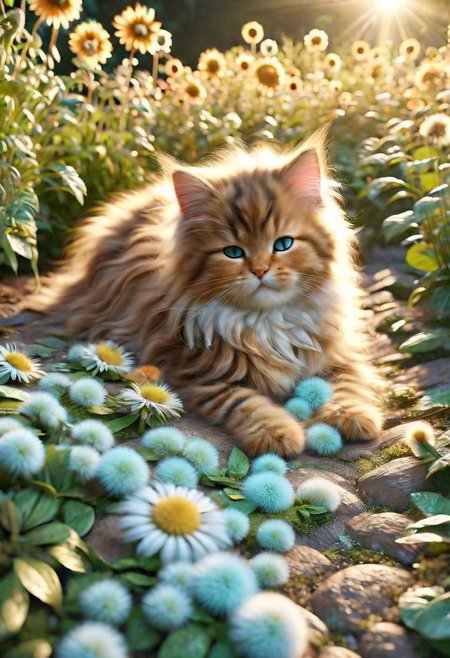 ral-fluff,<lora:ral-fluff:1>,
chibi,masterpiece,best quality,original,official art,sleeping metallic maincoon cat,flower,blurred background,rendering,beautiful detailed glow,(detailed ice),beautiful detailed sun,sunny, blurred flower, happy