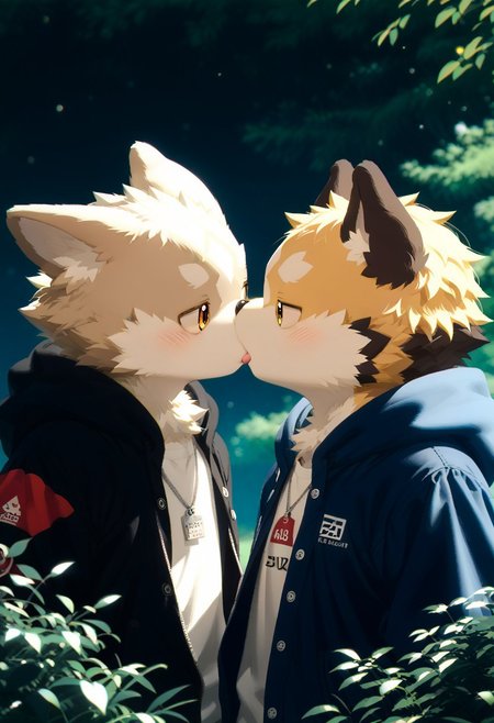 score_9, score_8_up, score_7_up, zPDXL3, ((((sdgs4by zuppu11)))), 2boys, duo, furry focus, cute, kemono, detailed background, park background, rating_safe, kiss