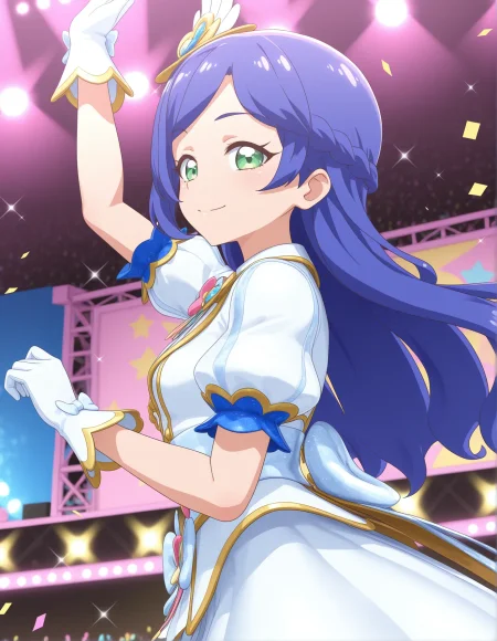 1girl, kiratto pri chan, 
solo, anime coloring, sadness, from below, (stage:1.3), (concert:1.3), dancing, open eyes, aobarinka3d, (3d:1.1), blue hair, long hair, asymmetrical bangs, green eyes, small breasts, idol clothes, smile, puffy sleeves, from side, blurry, depth of field, arm up, looking at viewer, upper body, glove, stage lights, sidelocks, standing, spotlight, puffy short sleeves, white gloves, breasts, short sleeves, twintails, sparkle, white dress, closed mouth, confetti, dress,
best quality, very aesthetic, newest, masterpiece, absurdres, highres, anime screenshot, safe
 <lora:il-prichan-rinka1.0:1>
