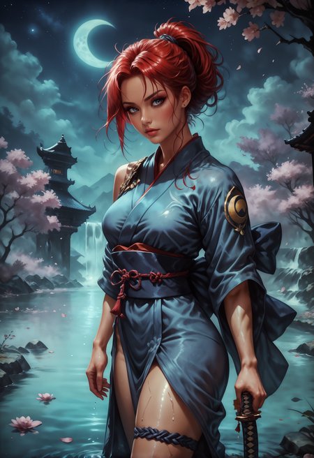 score_9, score_8_up, score_7_up, detailed, 1girl, solo, intricate details, chromatic aberration, realistic, samurai girl, red hair, shiny skin, sexy, ponytail, red eyes, outdoors, night time, dusk, torches, sprinkling water fountain, rocks, japanese landscape, flowers, tilted angle, moody lighting, tall, toned, open kimono, thigh strap, bare tree, branch, cherry blossoms, crescent moon, falling leaves, falling petals, full moon, lake, moon, moonlight, mountain, night, night sky, confident pose, victor pose, petals, petals on liquid, ripples, river, rose petals, sky, water, wet, wind, solo, holding a katana (blue and orange hue:1.2), highly detailed, glossy lips, high quality, dim lighting  <lora:Kenva:0.8> knva,    <lora:Concept Art Twilight Style SDXL_LoRA_Pony Diffusion V6 XL:0.8> concept art,    <lora:Expressive_H-000001:0.8> expressiveh    <lora:sinfully_stylish_SDXL> <lora:Pony_DetailV1.0>
