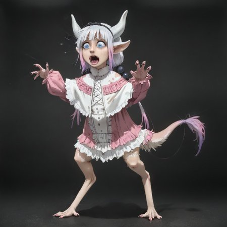 score_9, score_8_up, score_7_up, source_photo, realistic, ((bytransform)), ((transformation)), uneven transformation, asymmetrical transformation, mid transformation, full body, human girl, petite cute, scared, terrified, screaming, crying, Kanna_Kamui to yinglet transformation, blue_eyes, slit_pupils, pink_hair, low_twintails, long_hair, blunt_bangs, gradient_hair, flat_chest, dragon_horns, tail, hair_beads, black_hairband, hair_bow, black_bow, hybrid human yinglet feet, [digitigrade legs], hybrid human yinglet hands, looking at self in shock, shocked expression, scared expression, scared body language, (Kanna_Kamui transforming into a yinglet), multibreast, covered multibreast, 4breast, torn clothing, oversized clothing, clothes falling off, frilled_dress, pink_dress, frilled_capelet, fur-trimmed_capelet, white_capelet, white_thighhighs, puffy_long_sleeves, pink_sleeves, 1girl, solo, (hybrid colored fur:0.5), monster girl, realistic, (tail), (cutie, young, soft features:1.1), long ears, small body, diminutive, short body, petite cute, nubile 18yo girl, Expressiveh, snout, pained expression, wincing face