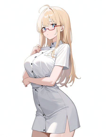<lora:hude-000012:1>,hude,1girl,solo,looking at viewer,white background,simple background,semi-rimless_eyewear,red-framed_eyewear,cowboy shot,alternate costume,nurse,, masterpiece, best quality, very aesthetic, absurdres,newest, incredibly absurdres,