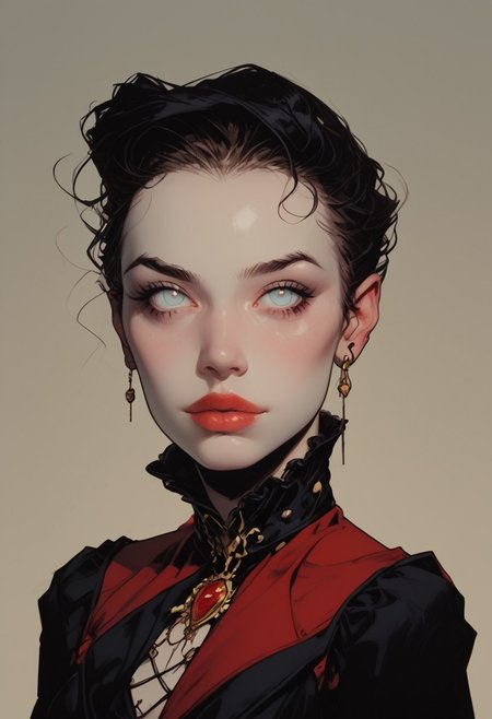 A close-up of an uncanny automaton with a porcelain face, cracked in places to reveal the intricate golden clockwork beneath. Her glassy, lifelike eyes reflect the flickering candlelight of the opulent chamber around her, filled with towering mirrors and ornate velvet drapery. Delicate, golden filigree patterns swirl across her cheeks and down her neck, blending seamlessly into the lace-like metal plating of her collar. Her lips, painted a deep, metallic crimson, curl into a delicate but unsettling smile. Fine golden threads extend from her wrists and shoulders, disappearing into the darkness above, as if unseen hands still control her movements. The faint ticking of unseen gears resonates through the heavy silence, each sound a reminder that she is something caught between life and machine.