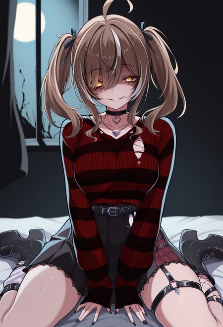 masterpiece, best quality, 1girl, solo, N4nashiEm0, brown eyes, brown hair, medium hair, twintails, multicolored hair, streaked sidelocks, ahoge, hair ribbon, heart choker, necklace, striped sweater, torn sweater, long sleeves, black belt, black skirt, half-skirt, plaid skirt, o-ring thigh strap, mismachted legwear, fishnet kneehigh, white leg warmer, black leg warmer, black platform boots, wariza, on bed, indoors, bedroom, black bed sheet, dark theme, moonlight, darkness, horror \(theme\), glowing eyes, eye trail, seductive smile, looking at viewer, <lora:ChamNanashiMumeiIllustriousXL:1>