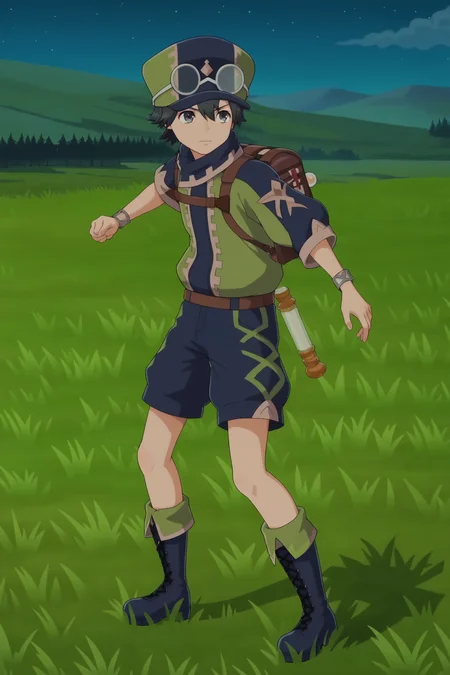 anime screencap, anime coloring, detailed face, masterpiece, best quality, very aesthetic, absurdres, volumetric lighting, 
outside, grass, at night, night
 <lora:Jean_Fire_Emblem_Engage:.8>
1boy, solo, male focus, bag, shorts, night, cross-laced footwear, hat, boots, goggles, standing, backpack, black hair, lace-up boots, full body,
running, motion lines, motion blur