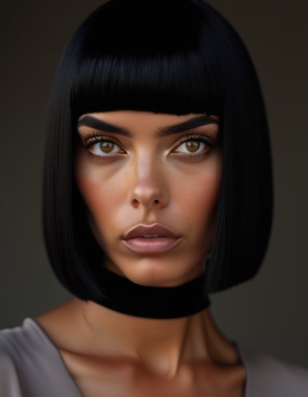 A close-up of a model with straight, jet-black hair cut into a blunt bob, her sharp features highlighted by her intense, piercing grey eyes and serious expression. <lora:usual-portrait-v2:1>
