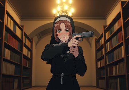 a young woman aiming G17Model glock handgun, a serene portrait of a young nun with lightly freckled fair skin and shoulder-length chestnut-brown hair tucked beneath a simple black veil, her glowing green eyes gazing softly at the viewer with a gentle warmth; she wears a modest black habit with a silver rosary looped around her waist, her hands holding a silver revolver with a polished barrel, the weapon angled slightly downward in a non-threatening stance; she stands in a peaceful monastery library lined with tall wooden shelves filled with ancient tomes, the soft golden glow of an overhead chandelier casting warm light onto the dark wooden floor, creating a tranquil and reverent atmosphere, detailed background, A digital anime artwork in the style of cklg<lora:ck-nc-luminal-genesis-000016.safetensors:1.0:1.0> <lora:Glock (G17)_epoch_12.safetensors:1:1>