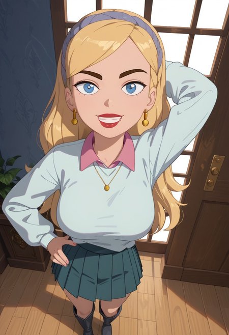 ((room background)),score_9, score_8_up, score_7_up,score_6_up, (detailed face and eyes:1) 
1girl, solo, Belle_HYG, light skin, blue eyes, blonde hair, long wavy hair, brown eyebrows, red lipstick, lilac headband, golden earrings, golden necklace, white-blue sweater, pink shirt collar, teal short pleated skirt, dark gray high boots, cute, tall stature, social smile, perfect eyes, perfect smile, looking at the viewer, detailed eyes, perfect eyes, standing, big breasts (front pose, front view, full body shot, high angle view:1) five fingers, perfect hands, (one hand on hip, one hand behind head)