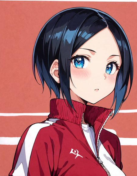 score_9, score_8_up, score_7_up, source_anime, anime screencap, anime coloring, masterpiece, best quality, traditional media, uncensored, 1girl, solo, (portrait:1.2), eri todo, blue eyes, black hair, short hair, parted bangs, medium breasts, track suit, track jacket, jacket, open jacket, shirt, long sleeves, breasts,  <lora:eri todo_Iitai Koto wa_Pony:1>cute face, (skindentation:1.2), ultra detailed eyes, depth of field, dynamic angle, sharp, (intricate details, hyperdetailed:1.15)