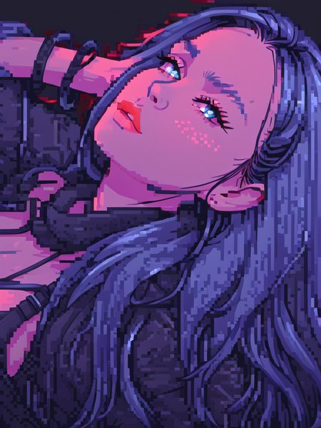 1girl, blue eyes, breasts, cleavage, colored skin, long hair, looking at viewer, red skin, signature, simple background, solo, upper body, white background, pixel art, neon style, <lora:Pixel_Lineart:1>, <lora:retro-neon-style:1>, <lora:pixelbuildings128-v2:1>