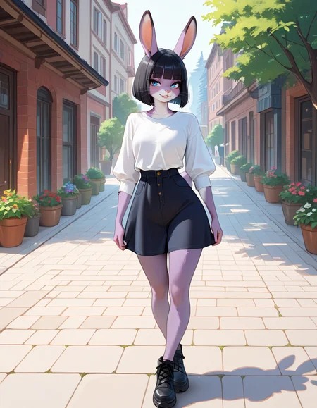 masterpiece, best quality, very aesthetic, absurdres,
outdoors, casual, 
full body,standing, posing, 
 seductive smile, parted lips, long eyelashes,
m4rl3nn3,1girl,solo,furry,furry female,rabbit girl,black hair,short hair,blunt bangs,bob cut,rabbit ears,blue eyes,animal nose,whiskers,body fur,purple fur,rabbit tail,