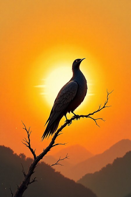 Very beautiful and elegant bird at sunset, masterpiece, logo aesthetics, minimalist illustration, ink art.