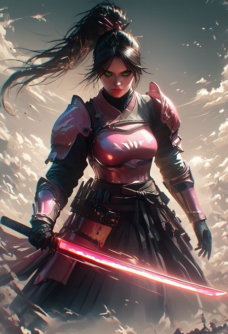 score_9, score_8_up, score_7_up, hkwarrior, Inkblast, A warrior holding a sword, realistic, female, large breasts, pink armor, full body, perfect face, beautiful face, long black hair,  straight hair, ponytail, perfect eyes, perfecteyes, green eyes, detailed background, in combat, warriors fighting around her,