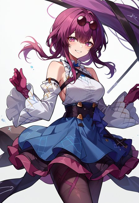 score_9, score_7_up, source_anime, solo, come hither, smile, cowboy shot, BREAK   <lora:Degen_Kafka_beta_v1:1> kafka, eyewear on head, hair ribbon, frilled choker, criss-cross halter, sleeveless dress, high-waist skirt, backless dress, blue dress, waist blue bow, detached sleeves, frilled sleeves, wide sleeves, blue sleeves, black pantyhose, patterned legwear, pinstripe pantyhose, mary janes, layered dress,