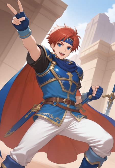 masterpiece,best quality, amazing quality,1boy, solo, r0y, red hair, black undershirt, blue boots, blue cape, blue chest plate, blue fingerless gloves, blue handband, blue scarf, blue tunic, brown belt, white pants, victory pose, weapon,

outside,