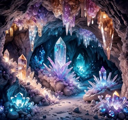RAW photo, (masterpiece:1.3), subsurface scattering, heavy shadow, (high quality:1.4), (intricate, high detail:1.2), professional photography, HDR, High Dynamic Range, realistic, ultra realistic, photorealistic, high resolution, film photography, ambient lighting, atmospheric effects, <lora:detail_slider_v4:2>, OverallDetail,  <lora:CrystalCaves:1> , cave,  cryca, crystal, diamond \(gemstone\), fantasy, floating island, glowing, ice, landscape, light, light particles, mushroom, no humans, outdoors, river, road, rock, scenery, sparkle, stairs, tree, water