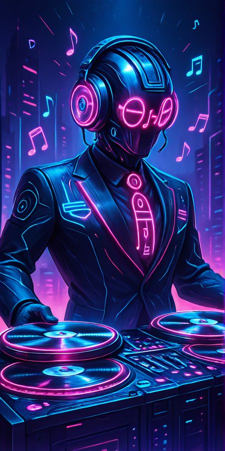 masterpiece, best quality,   AdFF, turntable, blue theme, helmet, suit, neon trim,    (music notes),  <lora:AudioFileFuture_IXL_v1:1.0>,     foreshortening,