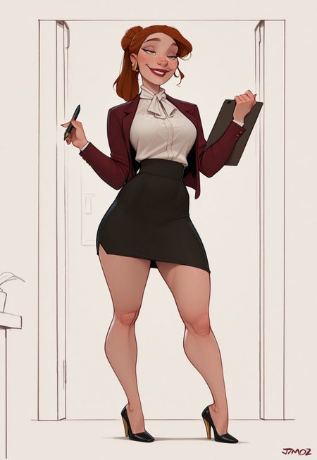 masterpiece, best quality, amazing quality, very aesthetic, DISNEY_ANIMATION, incoth, (incase:0.6), J0t4m0z,

tall female, toned body, Irish, full body freckles, late 20s, auburn hair, high ponytail, emerald eyes, high cheekbones, soft facial features, full lips, confident expression, smile, elegant, commanding presence. female office worker, white blouse, burgundy blazer, pencil skirt, red lipstick, sharp eyeliner, gold accessories, pen, clipboard, confident woman, stylish heels, strict but elegant, serene expression, organized woman, professional.