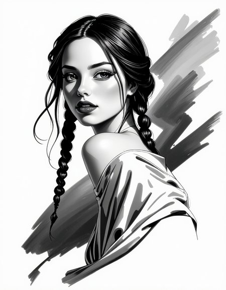 zavy-fnrt , This is a highly detailed, hyper-realistic black and white drawing of a young woman with a striking expression. She has a fair complexion, long, wavy hair styled in two braids that fall over her shoulders, and dark, expressive eyes that gaze directly at the viewer. Her lips are full and painted in a deep, rich shade of red, adding a dramatic contrast to the monochromatic background. She is partially draped in a loose, flowing garment that is rendered with soft, feathery strokes, giving it a delicate, almost ethereal texture. Her physique is slender, and she is posed in a three-quarter view, turning her head slightly to the left. The background is minimalistic and abstract, consisting of soft, smudged lines and gradients that emphasize the subject without distracting from her features. The overall style of the drawing is highly realistic, with meticulous attention to detail in the textures and shadows, creating a sense of depth and realism. The image conveys a sense of intimacy and sensualism. <lora:ck-greasepencil__:1> <lora:Add_More_details_Flux:1>