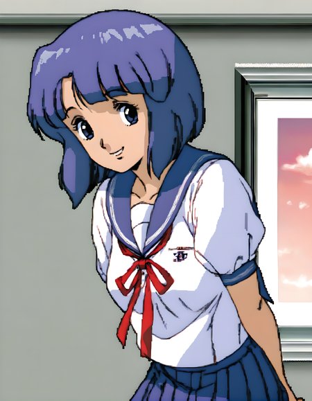 <lora:pony_xl_miki>,miki,score_9,score_8_up,score_7_up,source_anime,1girl,best quality,masterpiece,super fine illustration,solo,school_uniform,sailor,pleated_skirt,wrinkling of clothes,smile,happy,gentle smile,standing,arms_behind_back,leaning_forward,cowboy_shot,looking_at_viewer,day,classroom,indoor,window_,