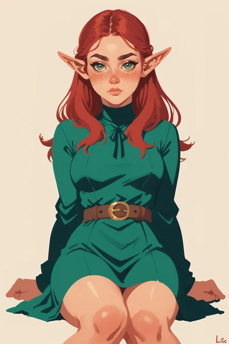 1girl, pointy ears, solo, freckles, green eyes, sitting, looking at viewer, red hair, long hair, elf, breasts, long sleeves, simple background, belt, dress, brown belt, blush, green dress, closed mouth, medium breasts, thighs, body freckles, lips, zPDXL3,  PnyCmicXLPOS, detailxl,  (lineless, vector art:1.5)