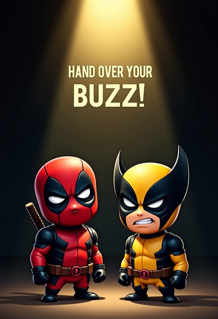 2boys, Deadpool minion and Wolverine minion, standing back, above him there's a sentence says : "Hand Over Your BUZZ!", light from above, dark background, angry, attack pose