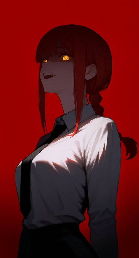 masterpiece, best quality, good quality, very aesthetic, absurdres, newest, makima (chainsaw man), 1girl, shaded face, black necktie, braid, braided ponytail, collared shirt, glowing, glowing eye, gradient background, long sleeves, looking at viewer, medium hair, necktie, red background, red hair, ringed eyes, shirt, simple background, smile, solo, teeth, upper body, upper teeth only, white shirt, yellow eyes,shadow,lineart <lora:ponyv5_noobV065S_1_adamW-000013:0.7> <lora:USNR_STYLE_XL_lokr:0.45> <lora:EtherSDXL:0.15> <lora:MeMaXL4:0.7>