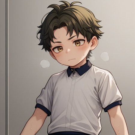score_9, score_8_up, score_7_up, source_anime, highly detailed, cute boy, 1boy, solo, young, damian desmond, short hair, brown hair, brown eyes, gym uniform, white polo with black collar, short sleeve, black gym shorts, sweaty, wiping brow, breathing heavy