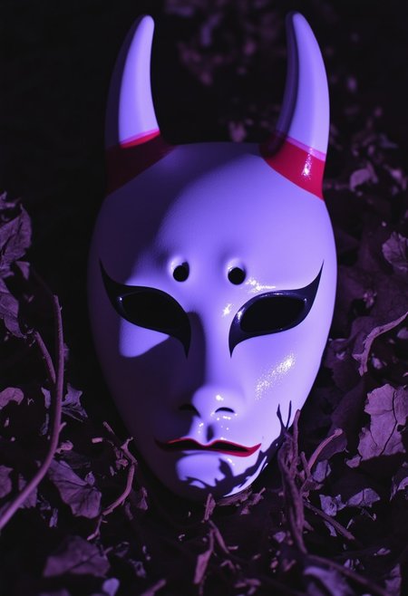 ArsMovieStill, movie still from a 1970s horror movie Studio cursed kitsune mask in a Japanese grave shrine purple cyan miasma