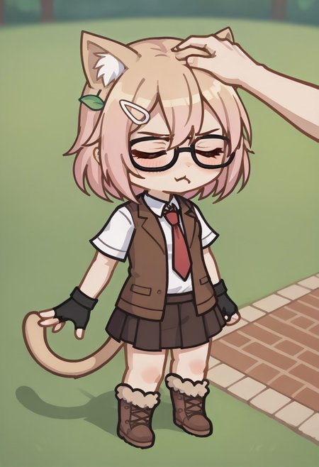 score_9, score_8_up, score_7_up, score_6_up,  from above, closed eyes, pout, blush, headpat, feminine hand, arms at sides, field, MILCJT3, MILCJT3Gacha, Gacha, girl, cat ears, skirt, hair ornament, glasses, pink hair, beige hair, tail, fingerless gloves, gloves, brown open jacket, tie, fur boots, brown skirt
