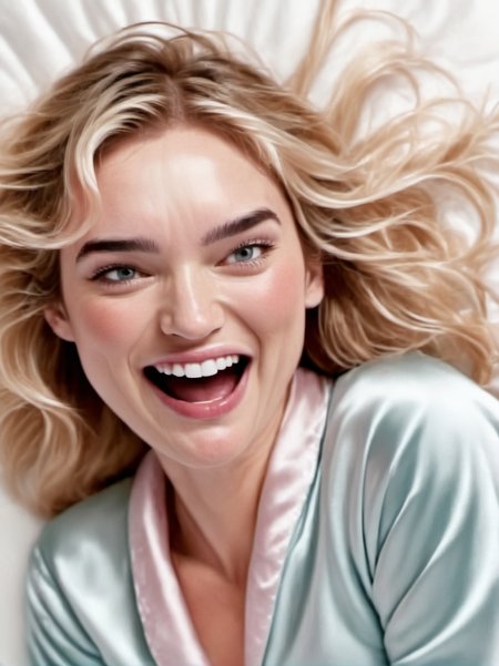 1girl, realistic, blond, happy,
portrait, face closeup, neutral expression, open mouth, mouth open, wearing satin pajamas, white background, looking at us,
 <lora:abbie-synth-xl-lora-1:1>